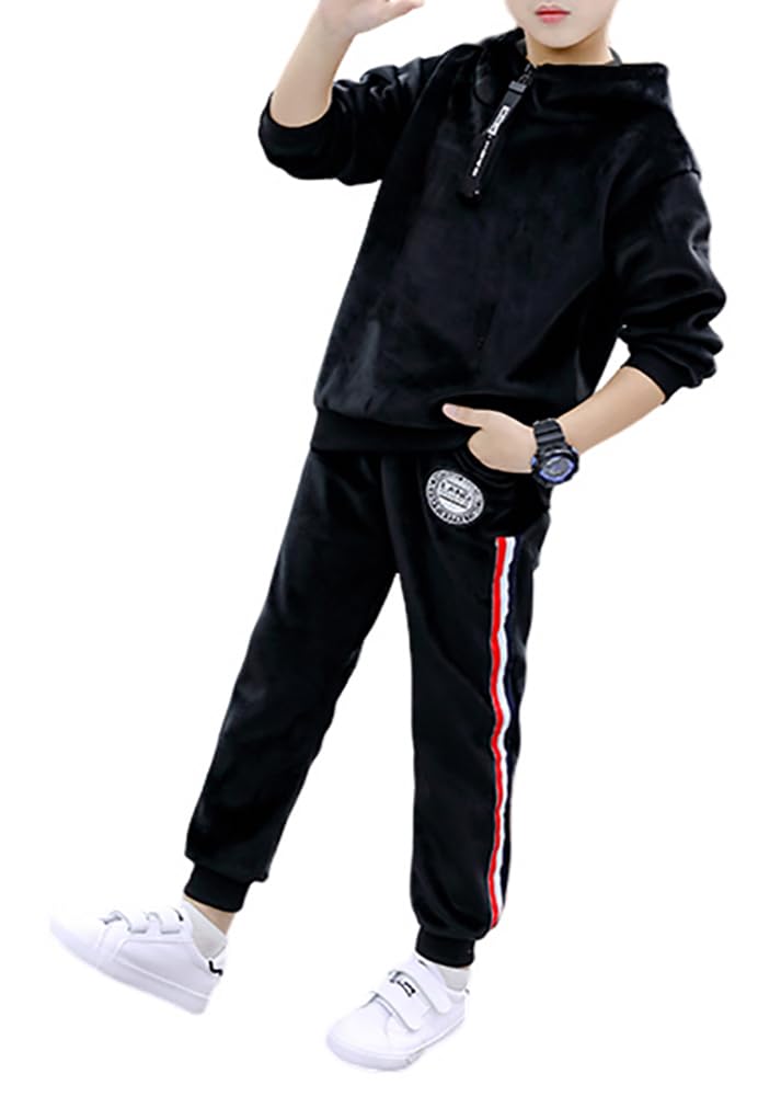 Monvecle Toddler to Big Boys' 2 Piece Long Sleeve Soft Velour Hoodie Tracksuit Top + Sweatpant Jogger Sets Black 10-11 - Image 1